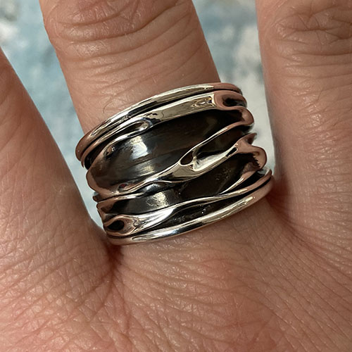Solid Silver broad ring with black inlay