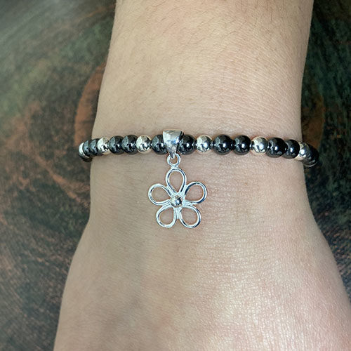 Silver and Haematite Bracelet with open flower charm