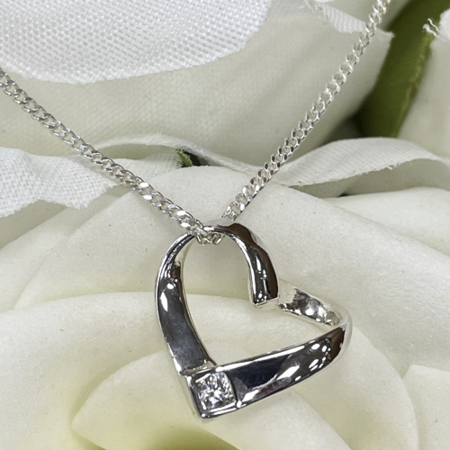Sterling silver open heart pendant with cubic zirconia stone
