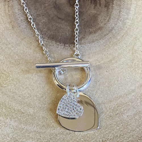 Sterling silver T bar double heart necklace