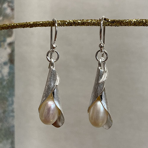 Sterling silver and pearl cone shape drop earrings