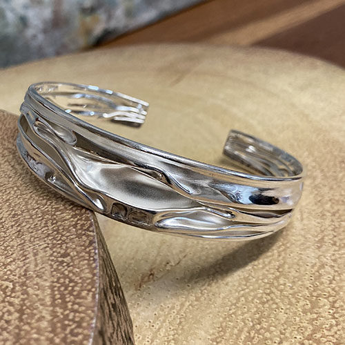Sterling silver ruched cuff satin bangle
