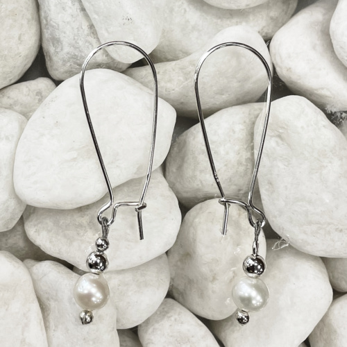 Long drop silver and pearl earrings