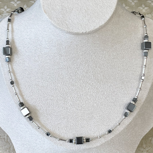 Silver and square haematite necklace