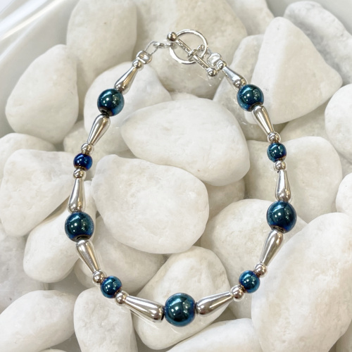 Silver and blue haematite bracelet