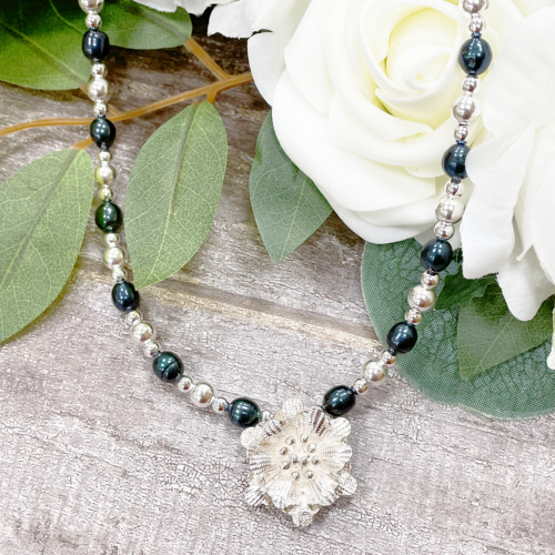 Silver and peacock blue pearl necklace