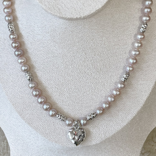 Silver and pale pink pearl necklace