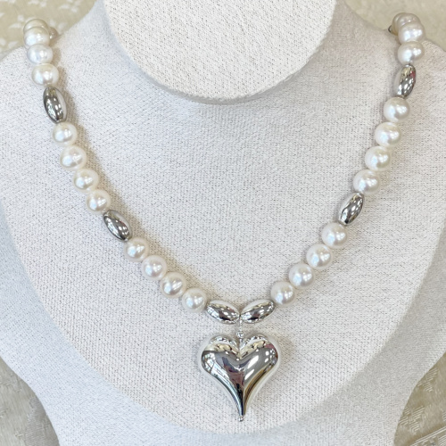 Silver Pearl necklace with large puff silver heart