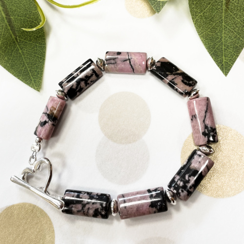 Pink Rhodonite and silver bracelet