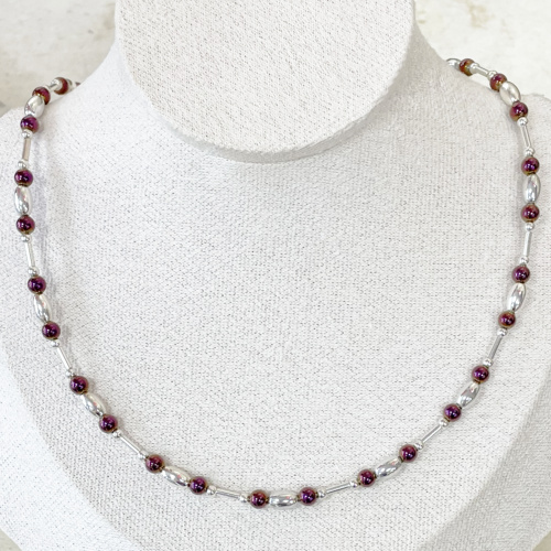 Silver and plum haematite necklace