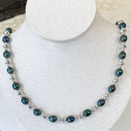 Silver and green pearl necklace
