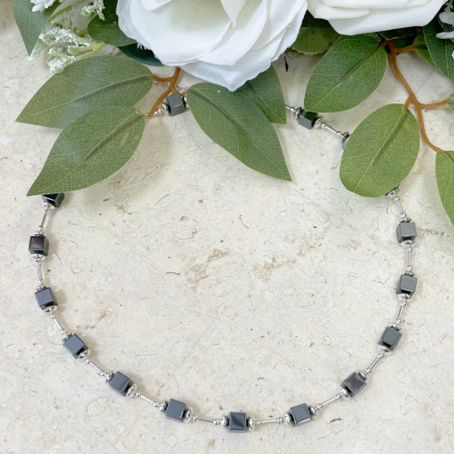 Silver and square haematite necklace