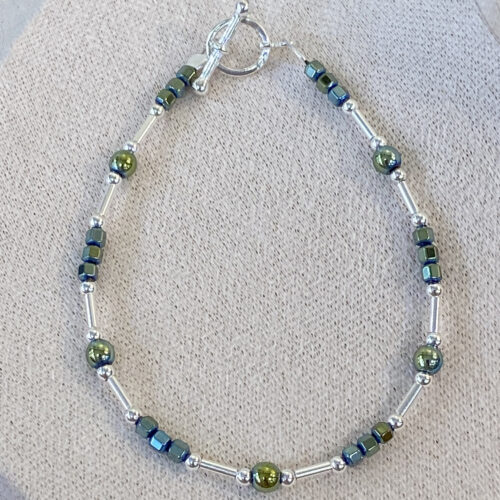 Silver and Green Electro Plated Hematite Bracelet