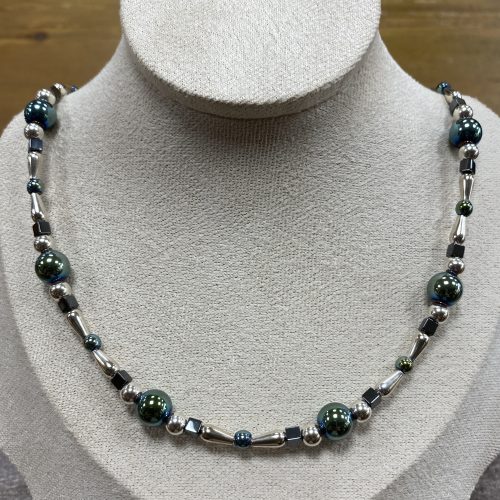 Silver and Green Electro Plated Haematite Necklace