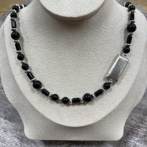 Silver and Onyx Necklace featuring a Brushed Oblong Bar