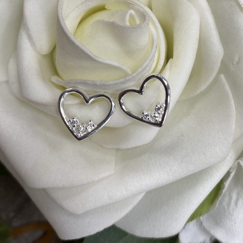 Sterling Silver stud open heart earrings with cubic zirconia