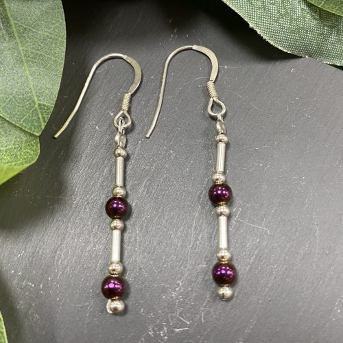 Silver and Plum Haematite Drop Earrings