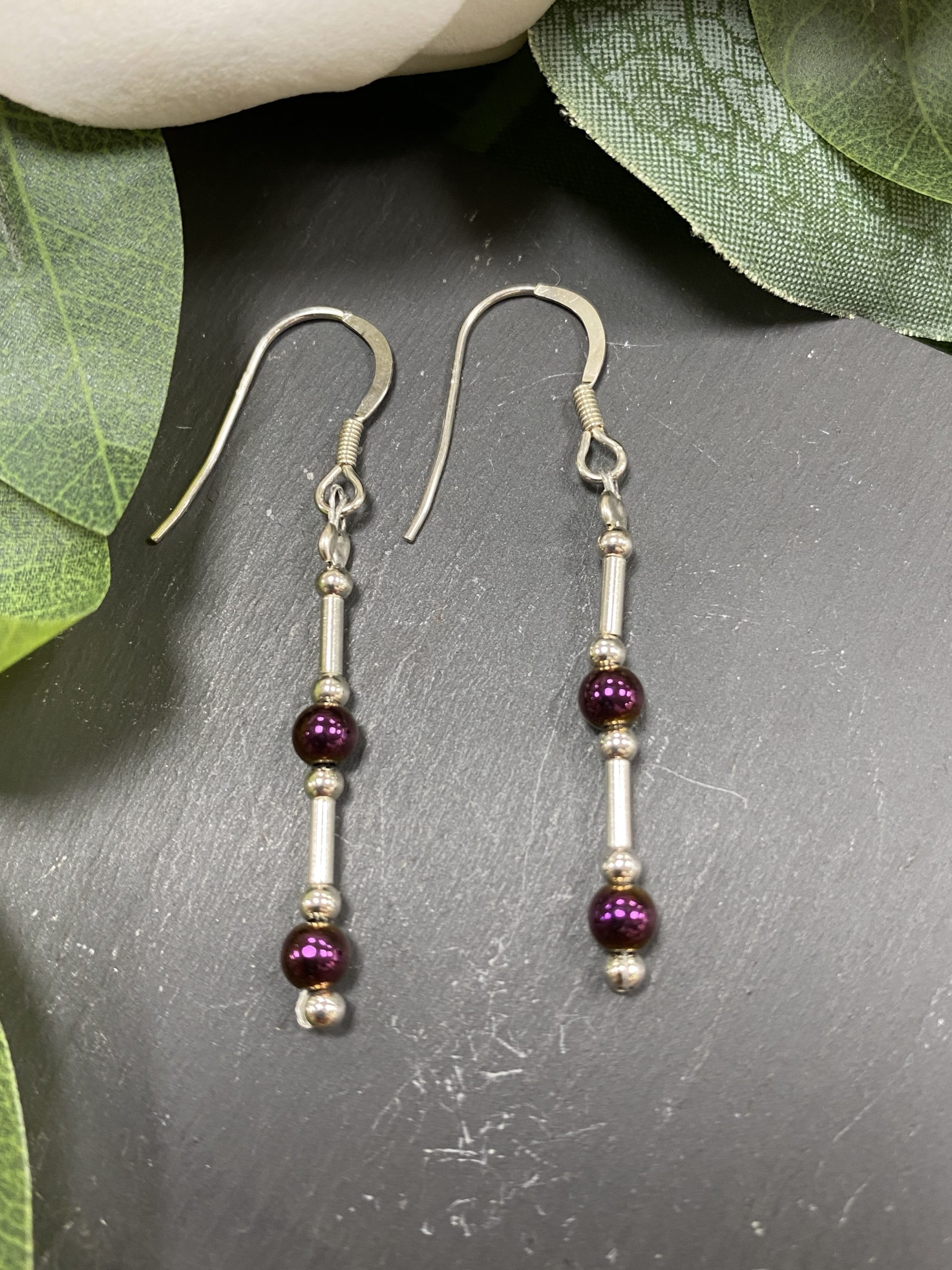 Silver and Plum Haematite Drop Earrings