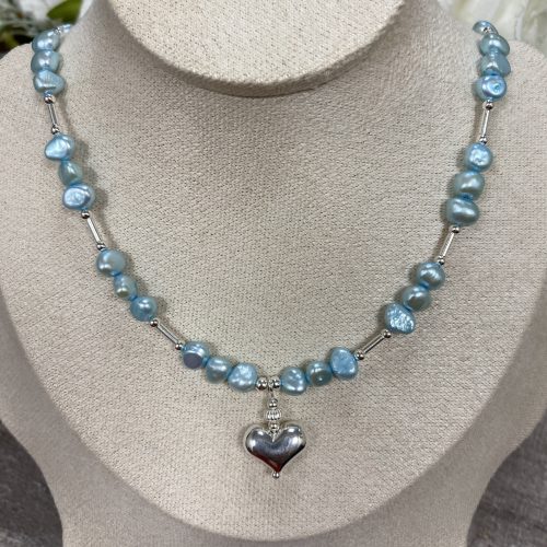 Silver and Aqua Pearl Heart Necklace