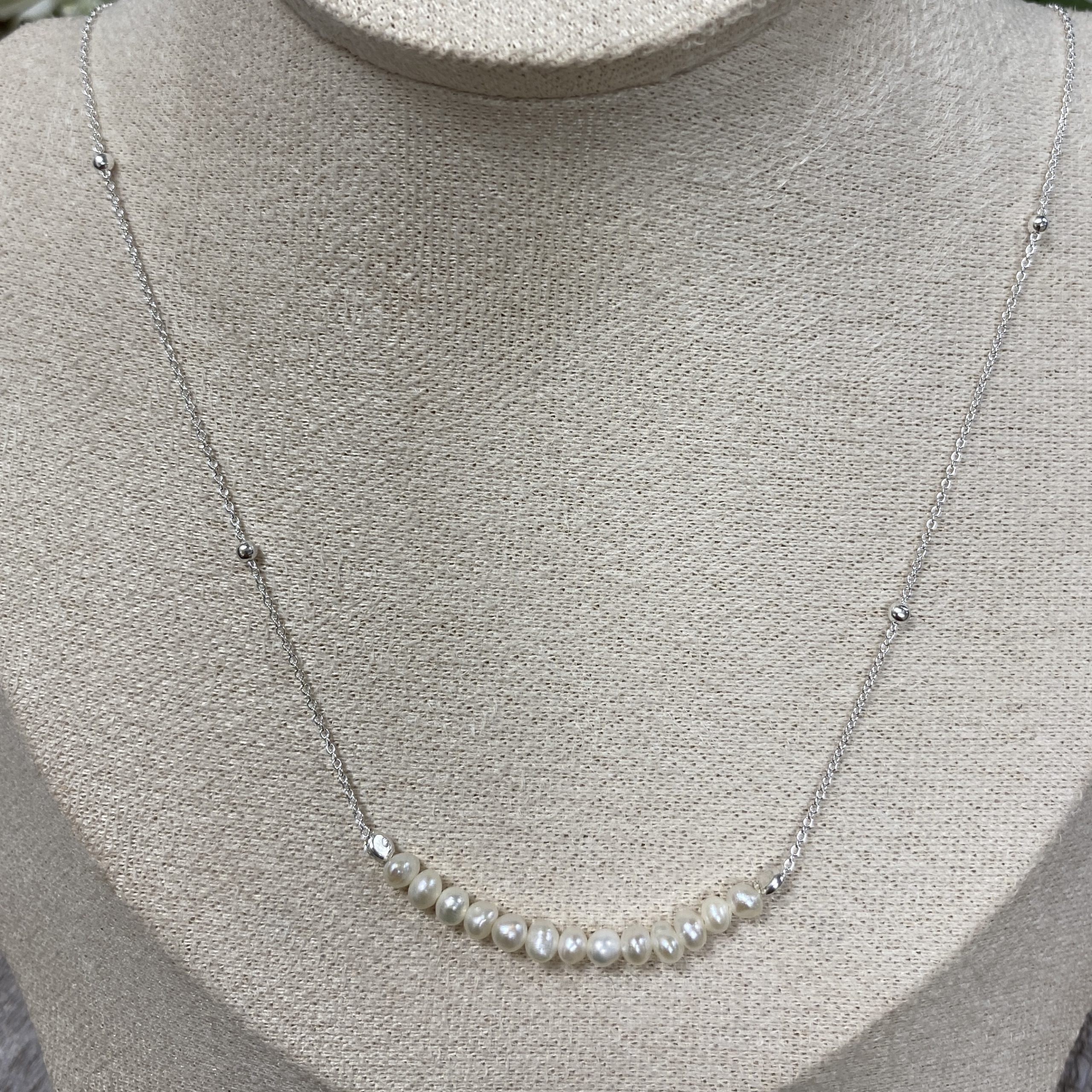 Sterling Silver Freshwater Pearl Curved Bar Necklace